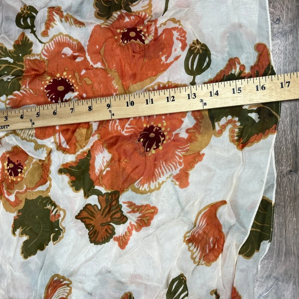 Zazou Floral Poppy Scarf Womens Orange Cream Sheer Rayon Rectangular Boho Wrap